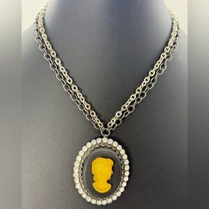 90s Romantic Gothic Style Amber Black Cameo Double Gun Metal Chain Necklace Gift